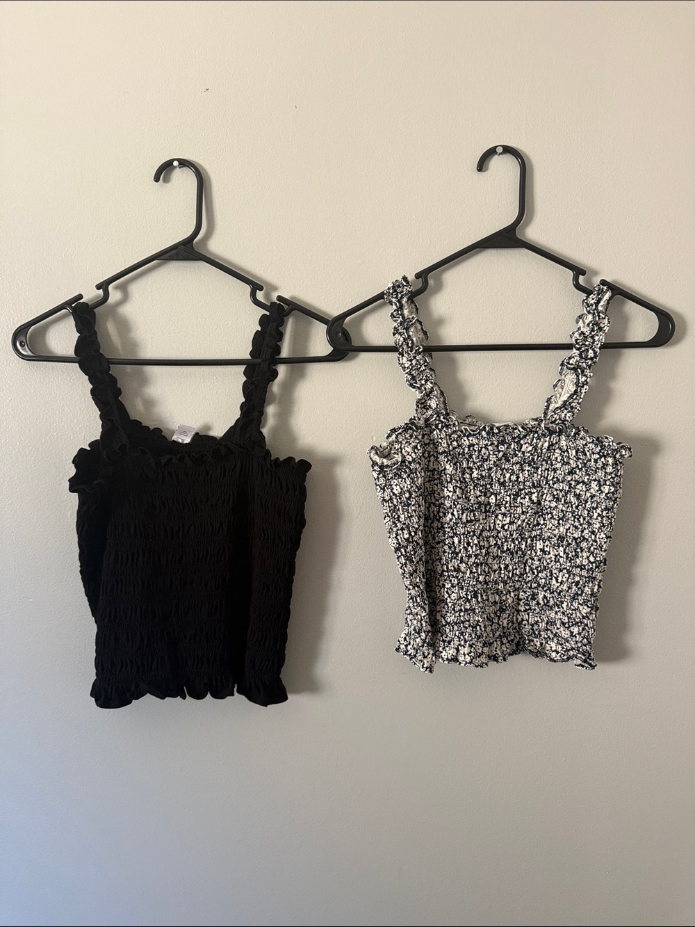 Two Old Navy Smocked Ruffle Strap Camisoles - Black & White Floral